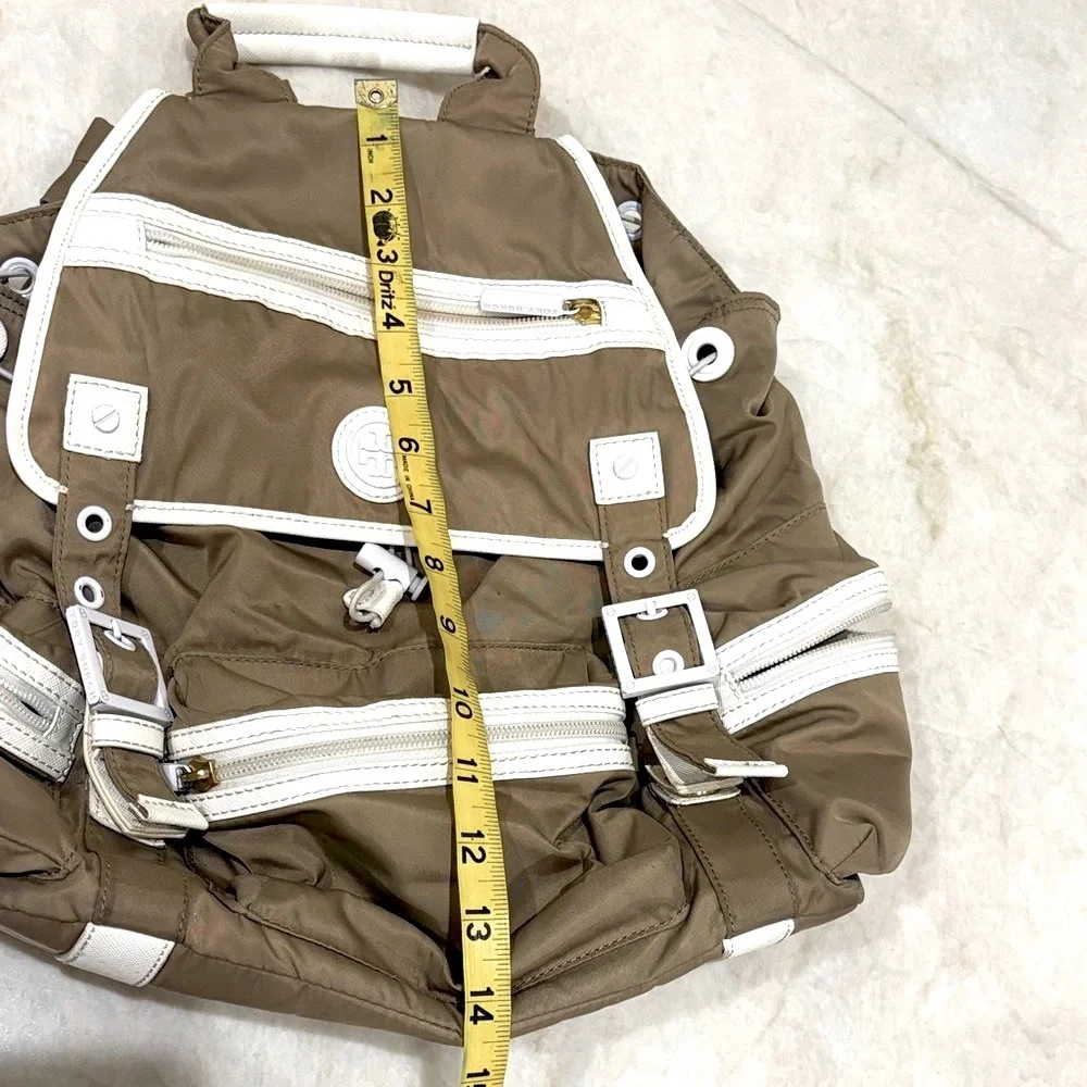 Tory Burch Designer Brown Backpack with White Trim & Signature Logo Detailing